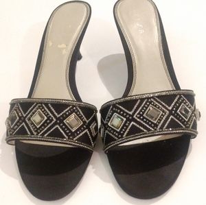 Unisa Black Satin Jeweled Kitten Heel Slides